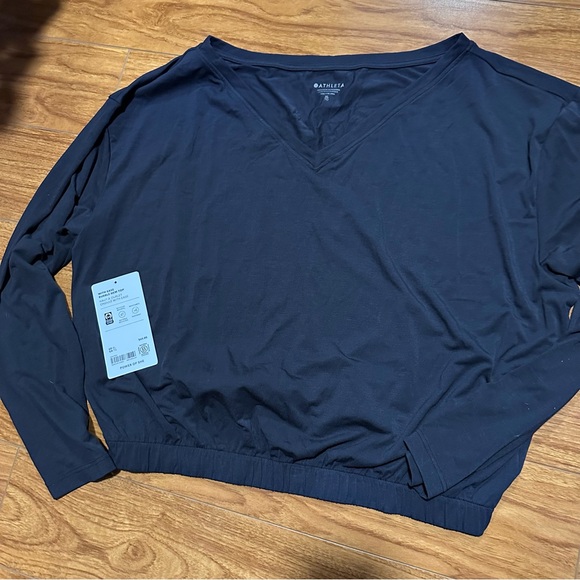 Athleta Black V-Neck With Ease Bubble Hem Top Long Sleeve Top | NEW XL - Picture 5 of 7